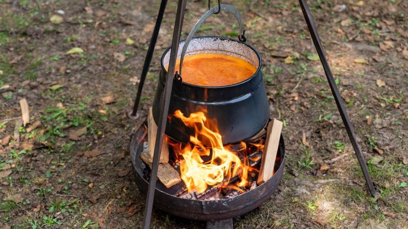 Camp pot of stew over open flames