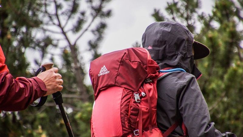 Red hiking pack on a forest trail